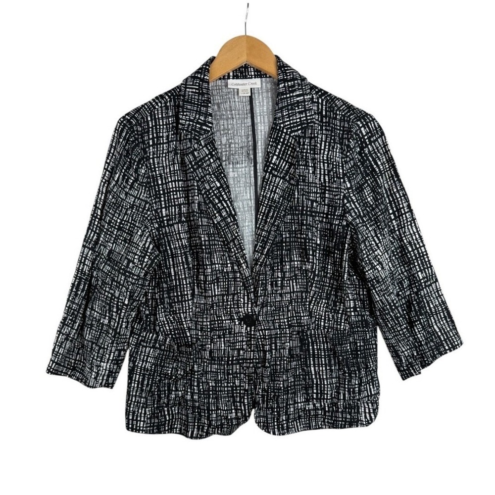 Coldwater Creek Womens Abstract Linen Blend Blazer Size Large Black White